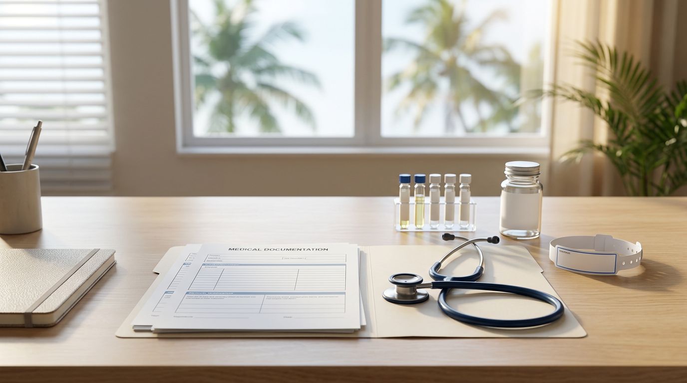Medical forms, lab vials, and a stethoscope arranged neatly on a desk near a sunny window.