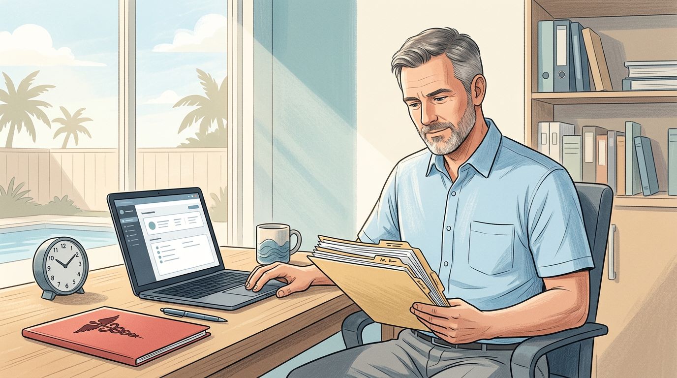 A Florida worker reviews disability documents beside a laptop, clock, and medical folder.