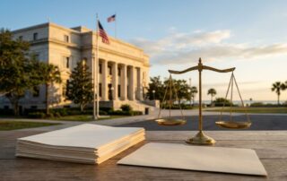 Justice scales and legal files sit in front of a Florida courthouse at dawn.