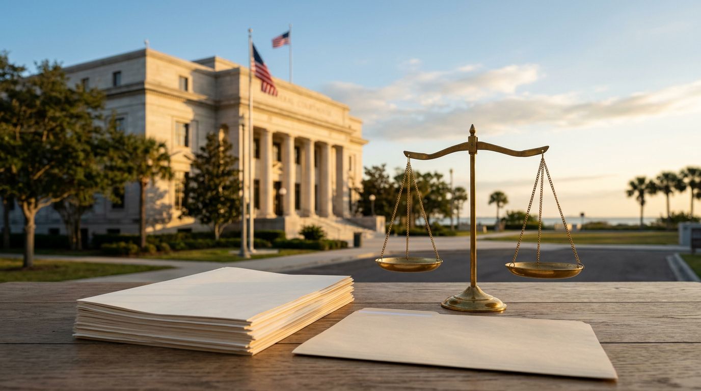Justice scales and legal files sit in front of a Florida courthouse at dawn.