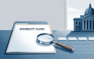 An empty disability claim folder and magnifying glass sit on a clean desk with a courthouse silhouette.