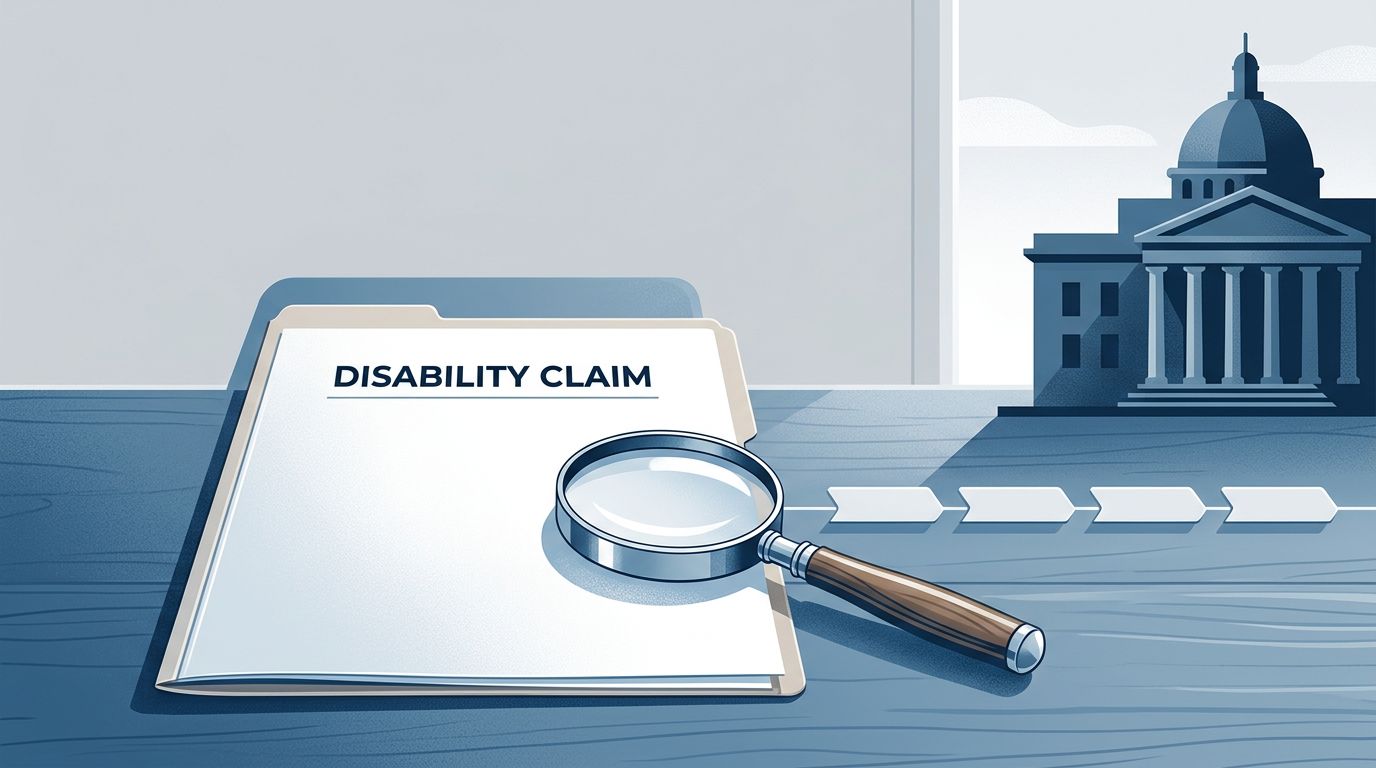 An empty disability claim folder and magnifying glass sit on a clean desk with a courthouse silhouette.