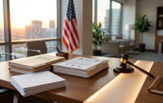 A veterans case file and a wooden gavel sit on a desk in warm light.