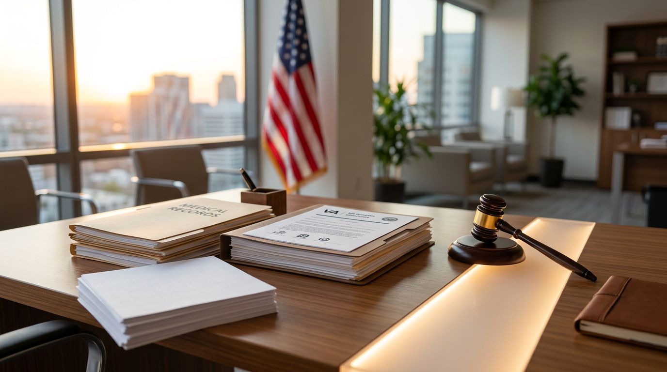 A veterans case file and a wooden gavel sit on a desk in warm light.