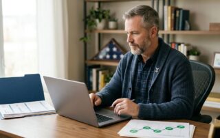 A veteran reviews a laptop beside claim paperwork and medical records in a home office.