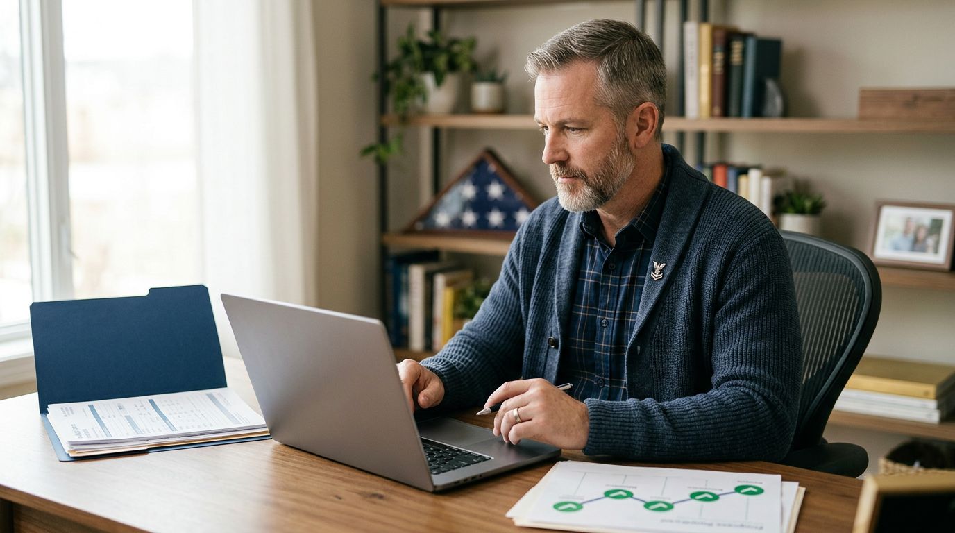 A veteran reviews a laptop beside claim paperwork and medical records in a home office.