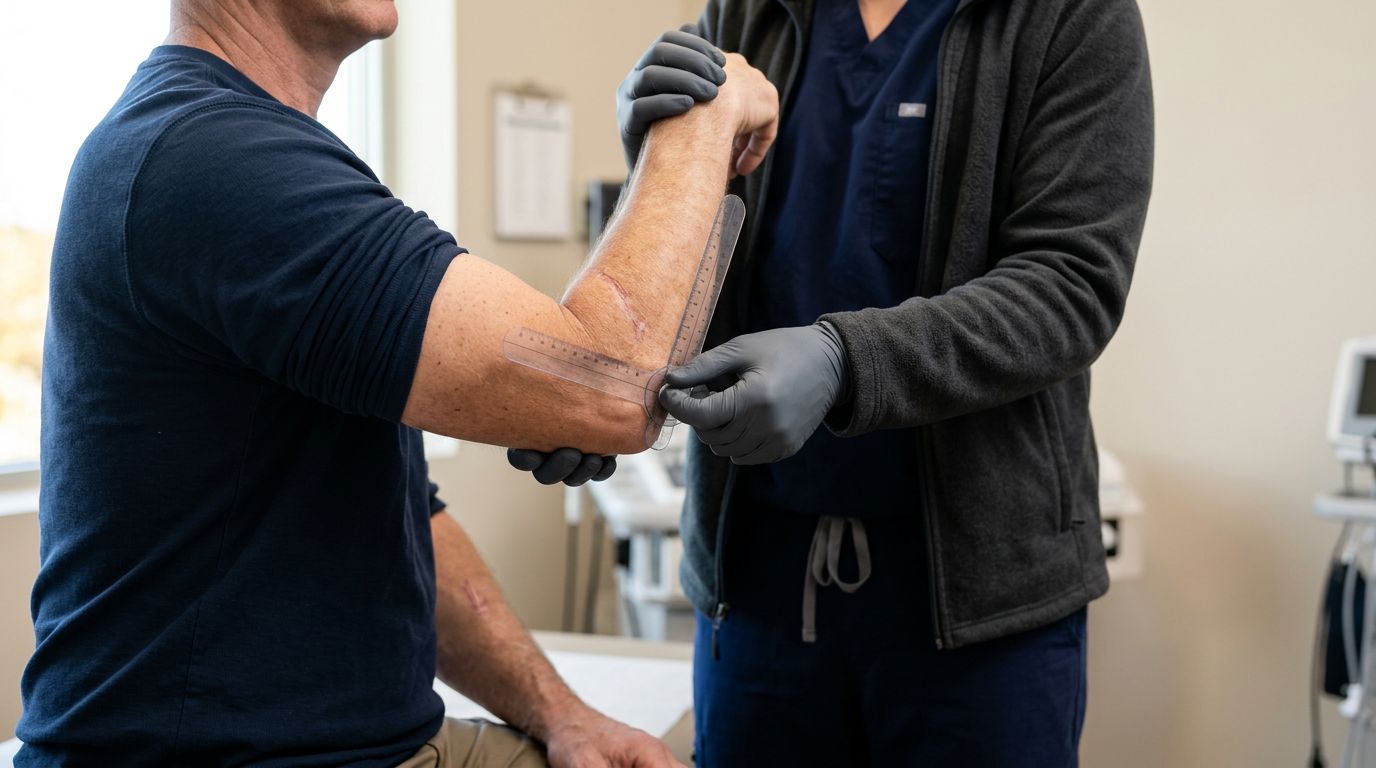 A medical professional measures a patient's elbow flexion with a goniometer.