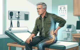 A military veteran in a clinic holding his lower back with an anatomical spine and nerve overlay.