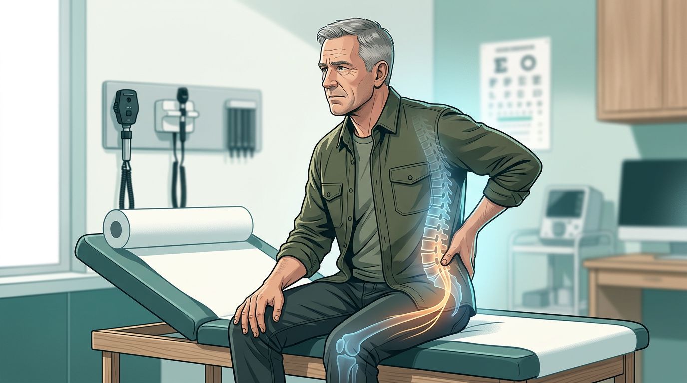 A military veteran in a clinic holding his lower back with an anatomical spine and nerve overlay.