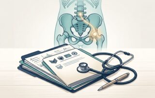 Medical records, stethoscope, and pen beside a glowing anatomical diagram linking a hip joint and spine.