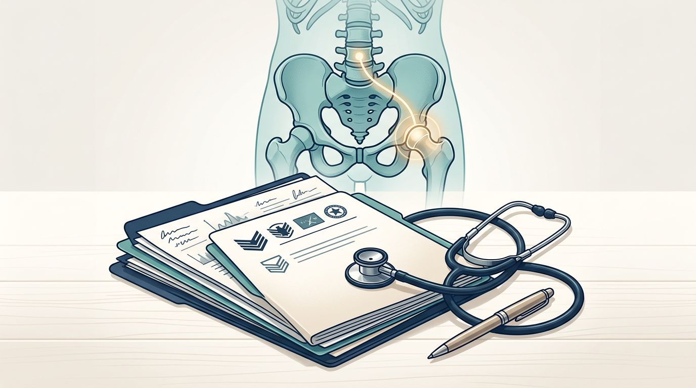 Medical records, stethoscope, and pen beside a glowing anatomical diagram linking a hip joint and spine.