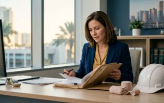 A female attorney reviews an injury claim folder at her office desk.
