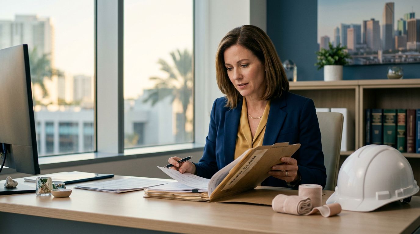 A female attorney reviews an injury claim folder at her office desk.