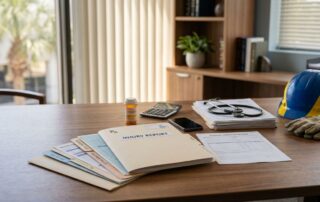 An organized desk with medical files, safety gear, and paperwork in a sunny office.