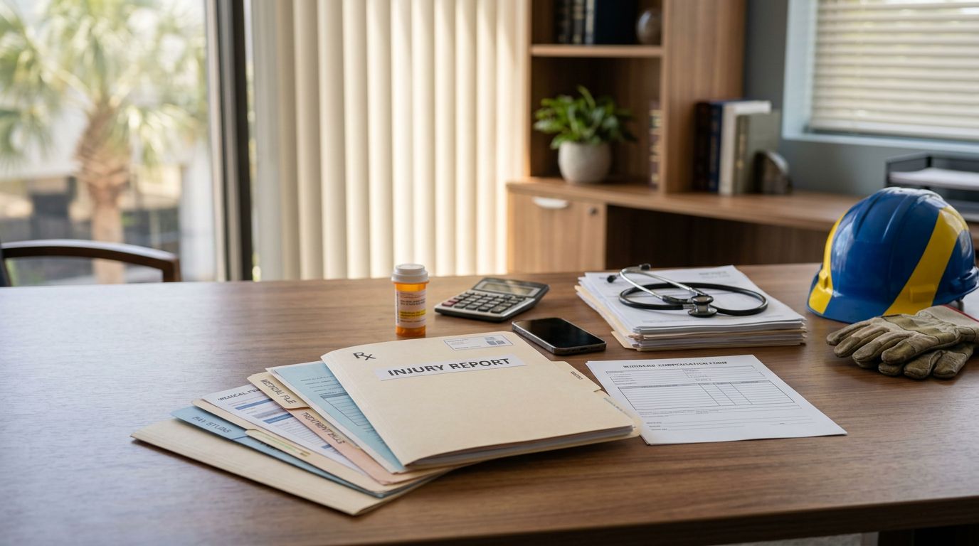 An organized desk with medical files, safety gear, and paperwork in a sunny office.