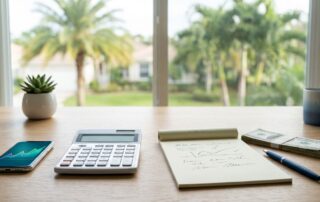 A calculator, benefit statement, phone graph, and dollar bills sit on a bright desk.
