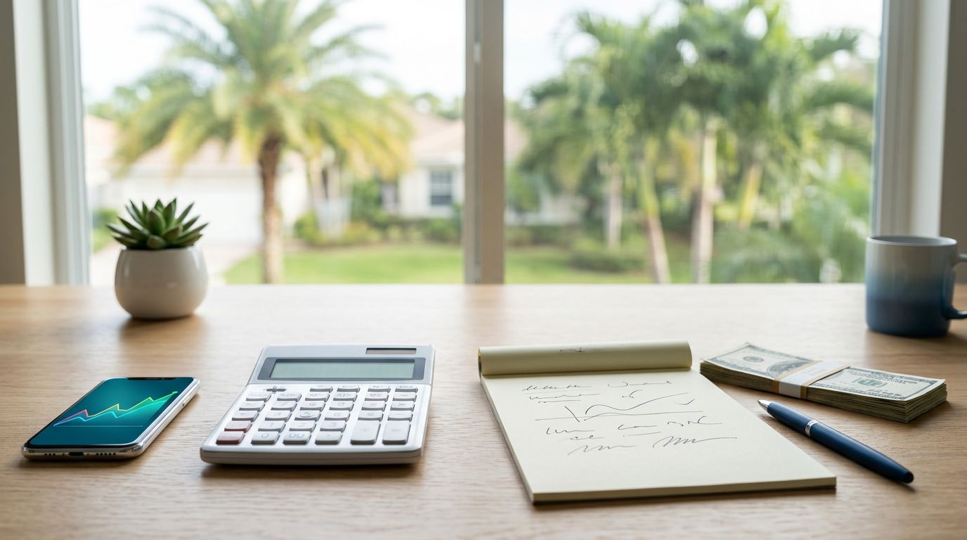 A calculator, benefit statement, phone graph, and dollar bills sit on a bright desk.