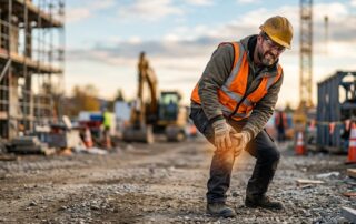 Construction worker holding his knee at a jobsite after a painful twist.