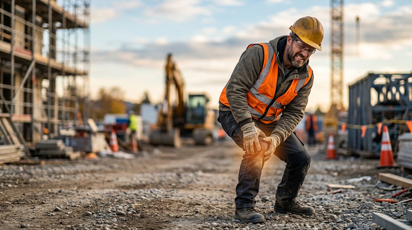Construction worker holding his knee at a jobsite after a painful twist.