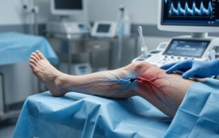 Lower leg with a blocked artery, ultrasound equipment, and blood-flow monitor.