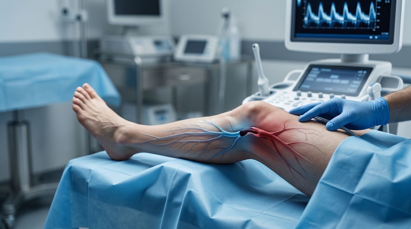 Lower leg with a blocked artery, ultrasound equipment, and blood-flow monitor.