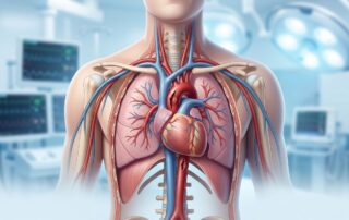 Medical illustration of a torn red aorta inside the upper torso against a blue hospital background.