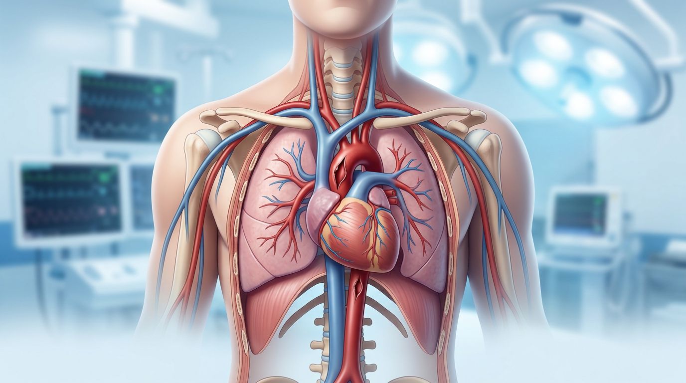 Medical illustration of a torn red aorta inside the upper torso against a blue hospital background.