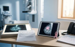 Mammogram film, tablet scan, phone, and blank calendar on a clinical desk.