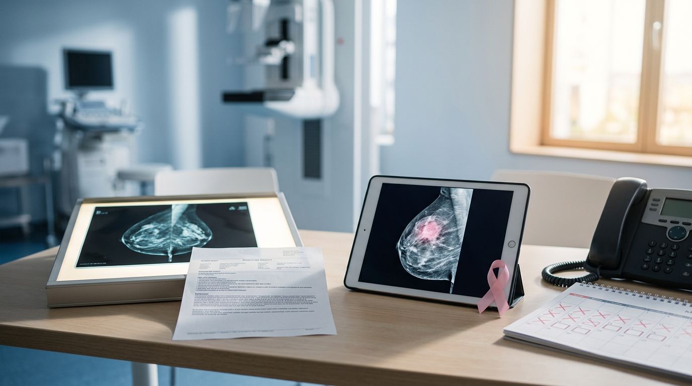 Mammogram film, tablet scan, phone, and blank calendar on a clinical desk.