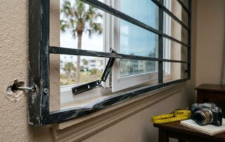Bent guard and broken limiter surround an open apartment window.