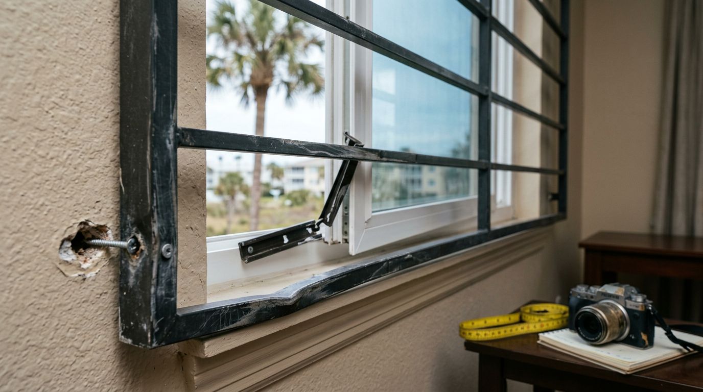 Bent guard and broken limiter surround an open apartment window.