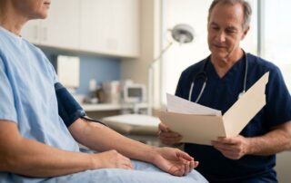 A bandaged forearm with a monitoring cuff as a physician reviews a chart.