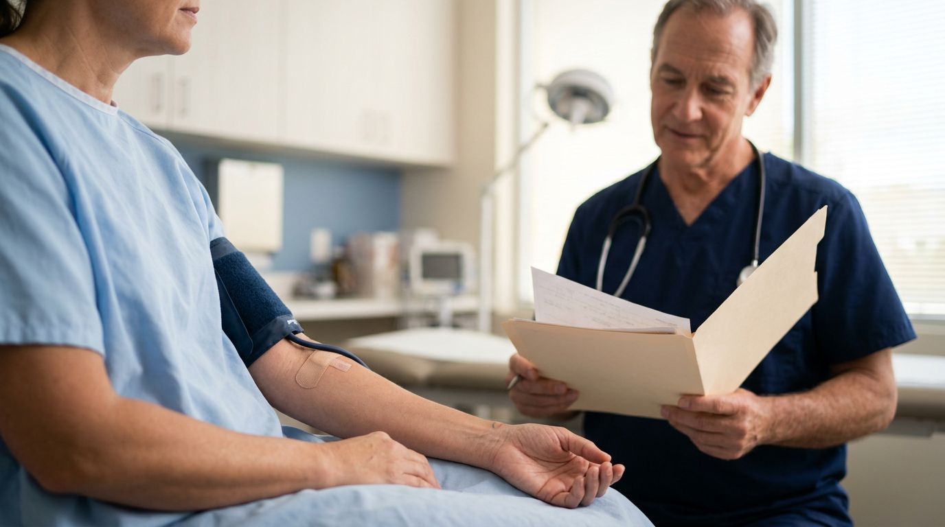 A bandaged forearm with a monitoring cuff as a physician reviews a chart.