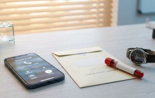 Phone beside a sealed lab report, blood tube, and wristwatch on a clinical desk.