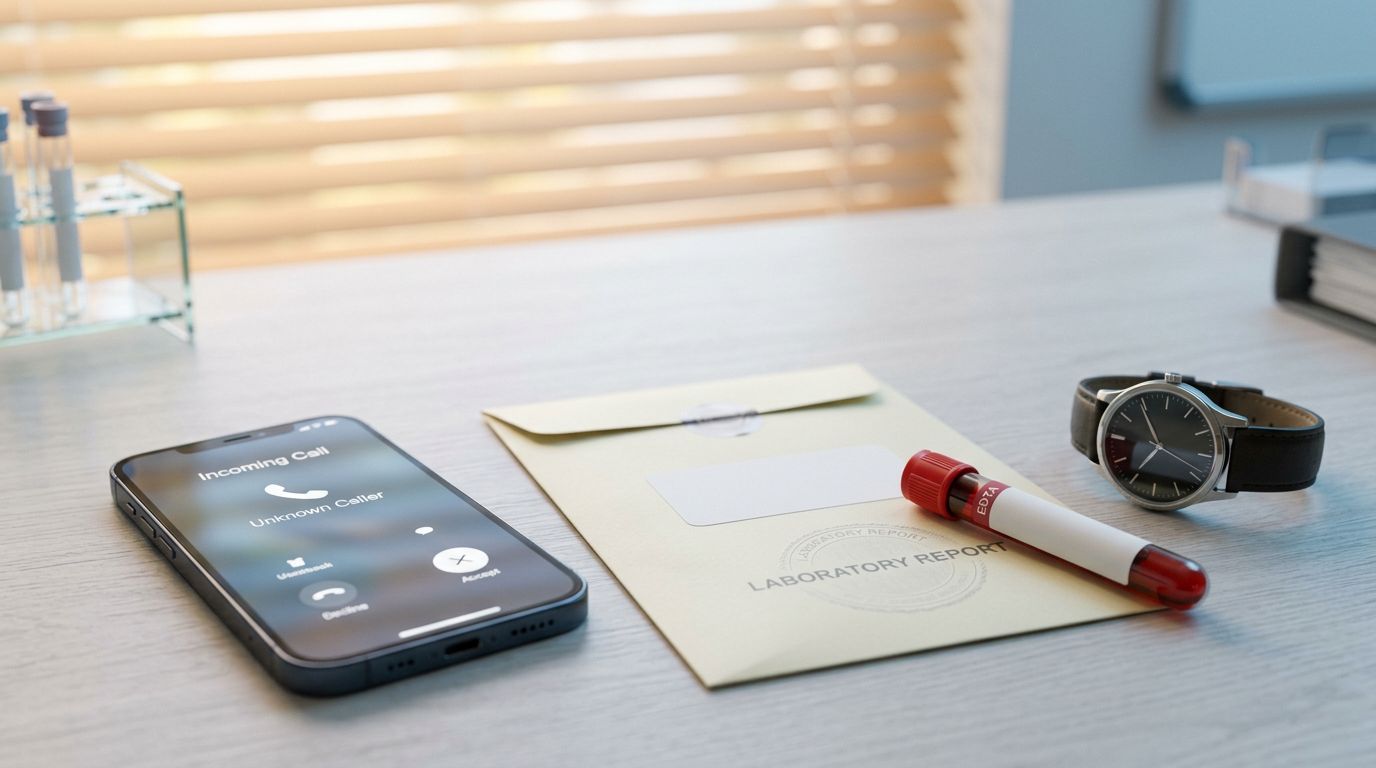 Phone beside a sealed lab report, blood tube, and wristwatch on a clinical desk.