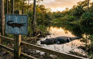 An alligator near a pond behind a fence and warning sign at sunset.