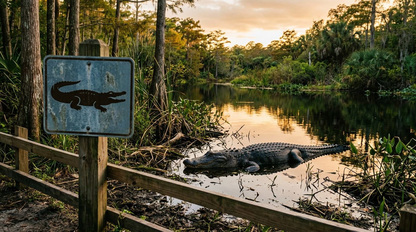 An alligator near a pond behind a fence and warning sign at sunset.
