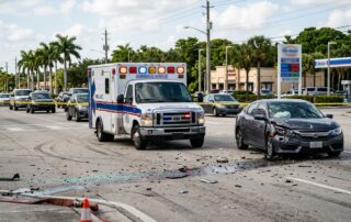 An ambulance and damaged sedan at a Florida intersection with broken glass nearby.