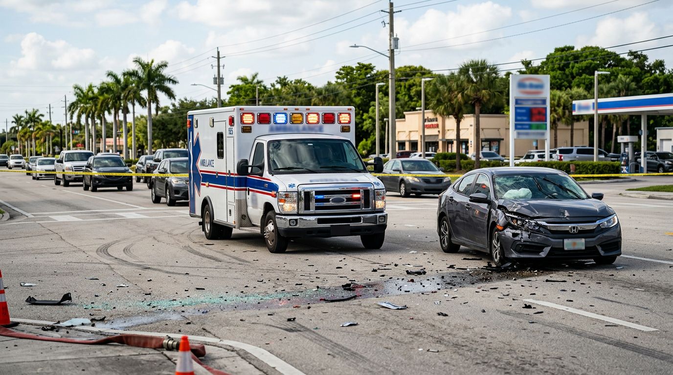 An ambulance and damaged sedan at a Florida intersection with broken glass nearby.