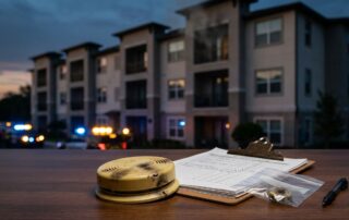 A damaged smoke alarm and maintenance records sit before a smoky apartment building at dusk.
