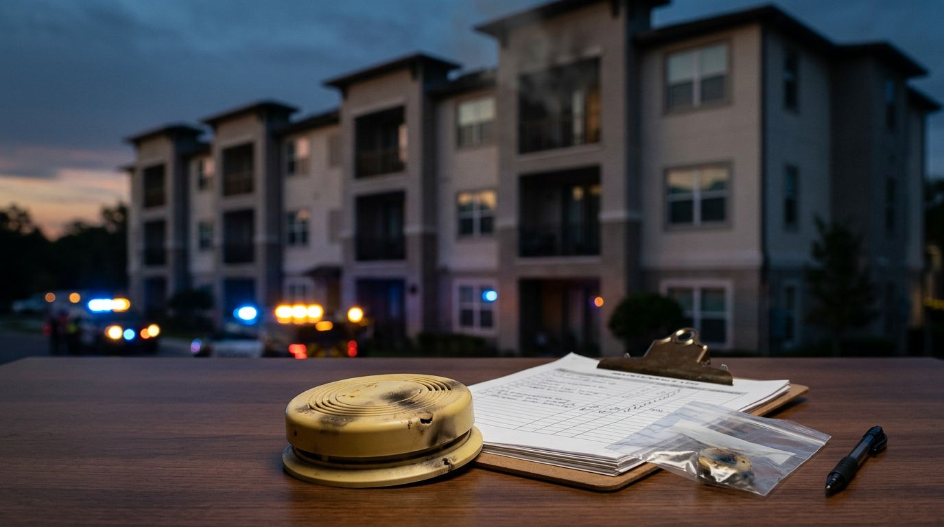A damaged smoke alarm and maintenance records sit before a smoky apartment building at dusk.