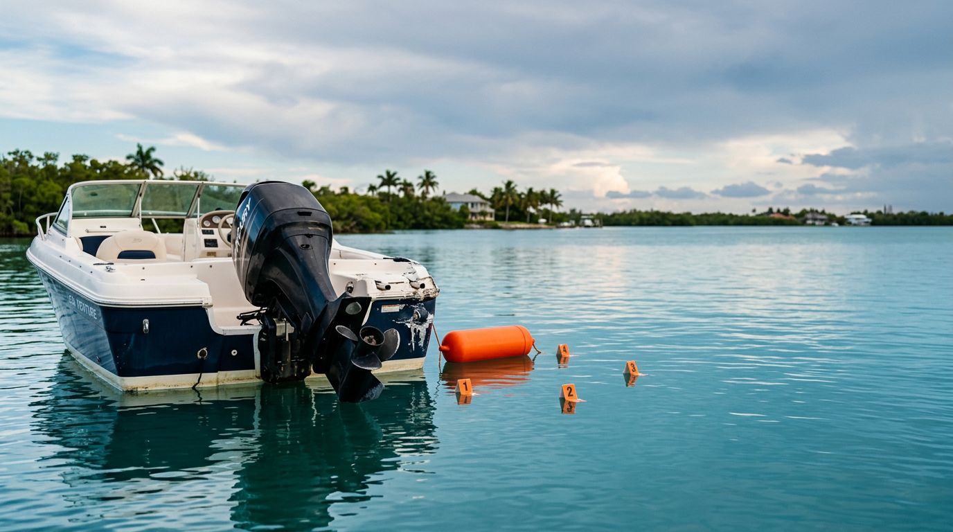 Damaged boat with a raised propeller, orange buoy, and evidence markers on calm coastal water.