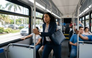 A passenger braces against a pole as a city bus stops suddenly.