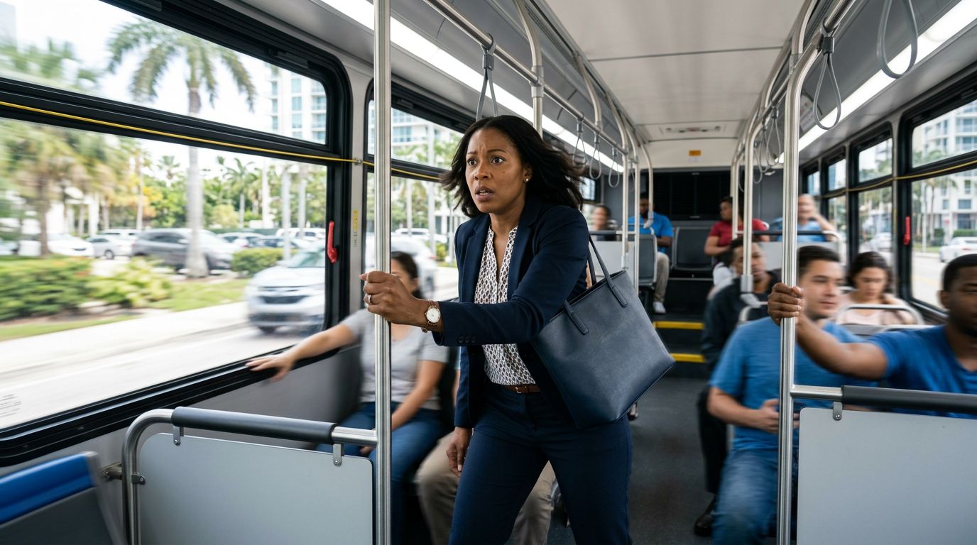 A passenger braces against a pole as a city bus stops suddenly.