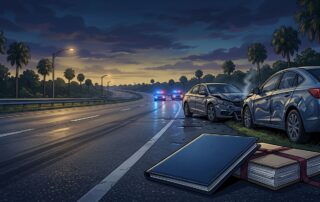 Two damaged cars sit on a wet highway beside legal documents at dusk.