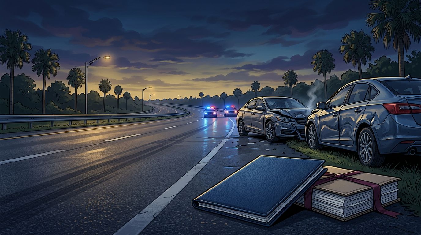 Two damaged cars sit on a wet highway beside legal documents at dusk.