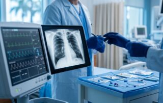 Hospital monitor and chest X-ray showing a small pneumothorax beside a catheter kit.