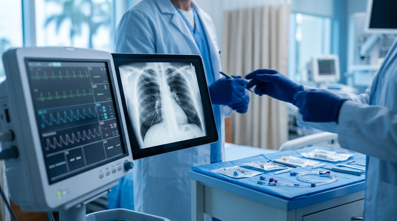 Hospital monitor and chest X-ray showing a small pneumothorax beside a catheter kit.
