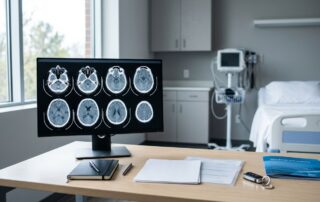 A clear brain CT scan beside medical notes, a car key, and an insurance folder.