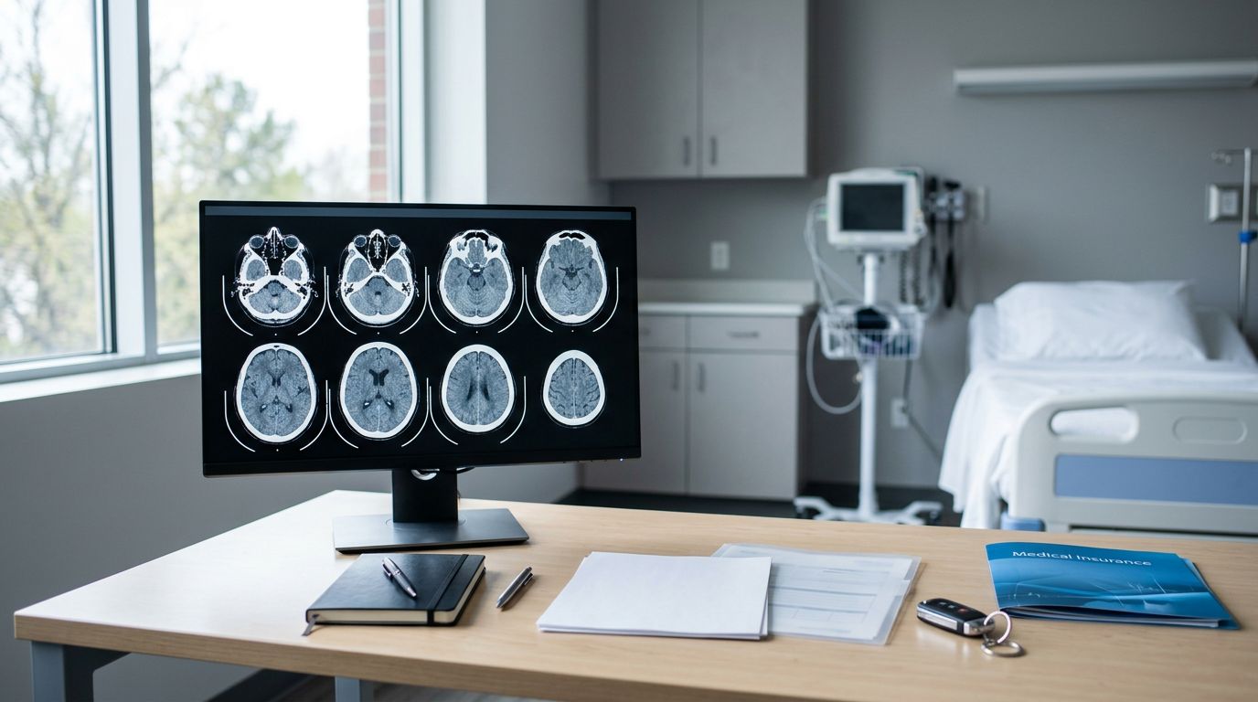 A clear brain CT scan beside medical notes, a car key, and an insurance folder.